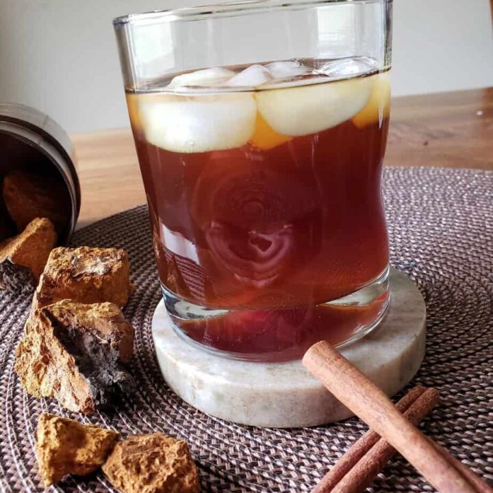 iced chaga tea in glass cup
