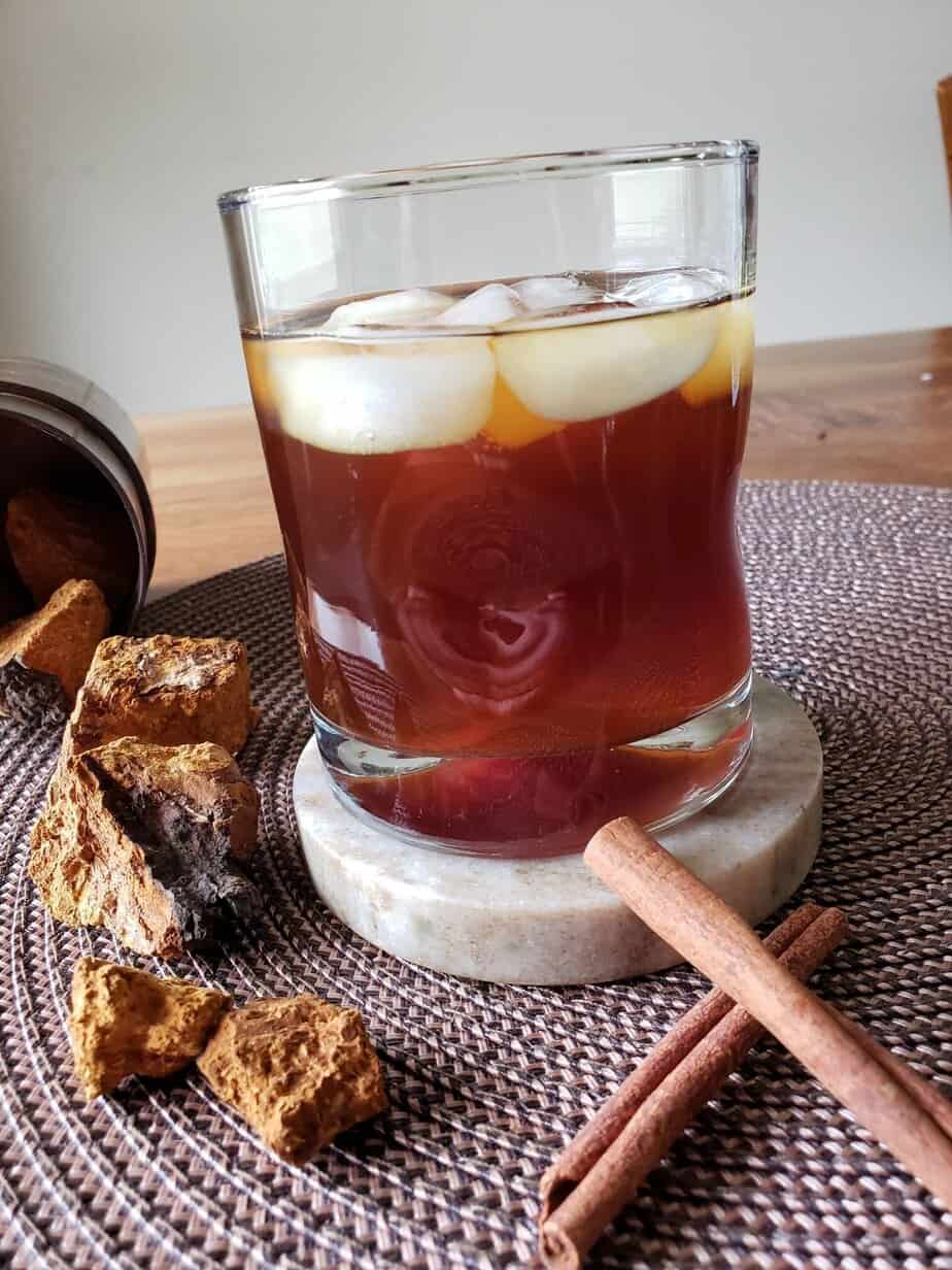 iced chaga tea in glass cup