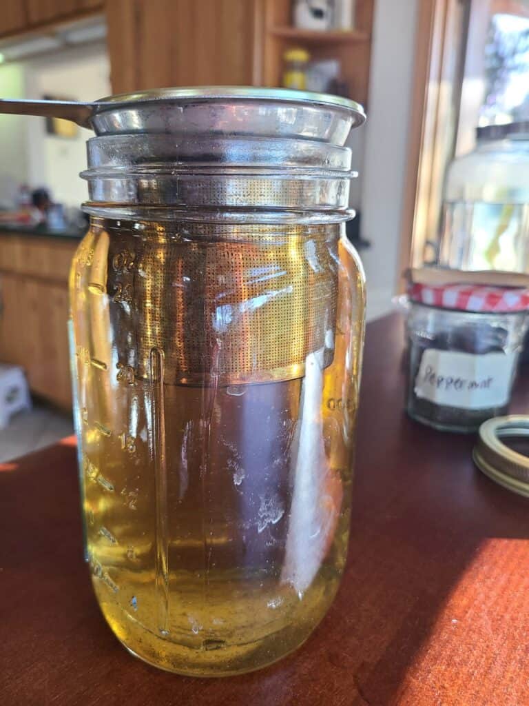 peppermint herbal tea brewing in a quart sized jar